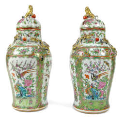 Paar Deckelvasen aus Porzellan mit Vögeln und Blumen in Kartuschen, Drachen und Löwenknauf