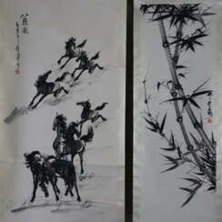 Zwei chinesische Rollbilder -20.Jh.- Bambus / Pfer…