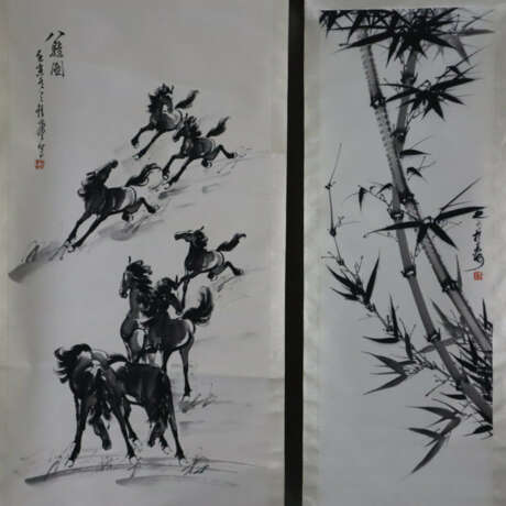 Zwei chinesische Rollbilder -20.Jh.- Bambus / Pfer… - photo 1