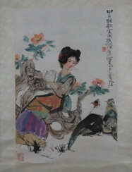 Chinesisches Rollbild - Junge Dame mit Vogelpaar, …