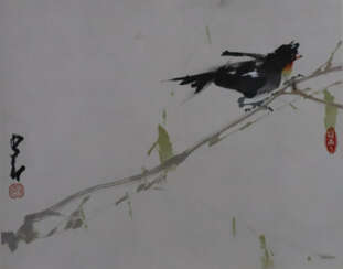 Chinesisches Rollbild - Vogel auf Zweig, Tusche un…