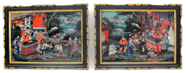 Paar Hinterglasmalereien mit figürlichen Szenen vor Seenlandschaft