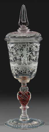 Böhmischer Barock-Deckelpokal mit Hirschjagd Farbl… - photo 1