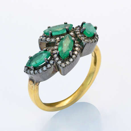 Eleganter Smaragd-Diamantring Silber und Gelbgold,… - Foto 1