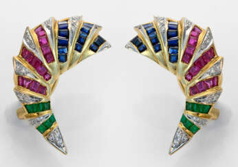 Paar Multicolor-Ohrclips Gelbgold, gest. 750. Scha…