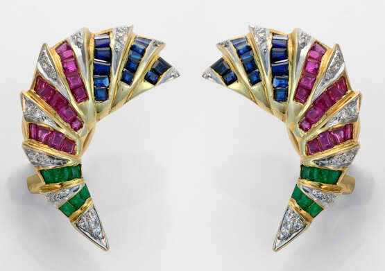 Paar Multicolor-Ohrclips Gelbgold, gest. 750. Scha… - Foto 1