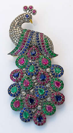 Extravagante Multicolor-Pfauenbrosche Silber und G… - photo 1