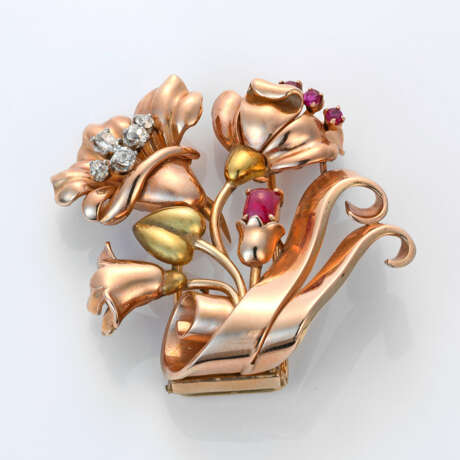 Mondäne Diamant-Rubin-Brosche à deux couleurs Rosé… - photo 1