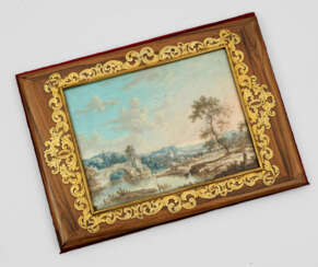 Mappe mit Landschaftsgemälde Nussbaum, Messing, Aq…