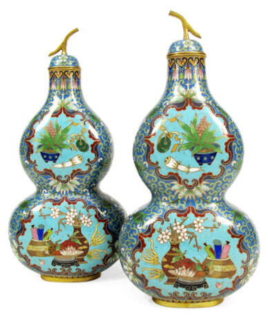 Paar doppelkürbisförmige Cloisonné-Flaschen mit Deckel - photo 1