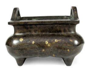 Goldgefleckter, rechteckiger Weihrauchbrenner aus Bronze