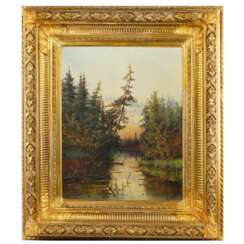 LANDSCAPE WITH A POND IN EVENING LIGHT. A. KONSTANTINOVA RUSSIA, SECOND HALF OF THE 19TH CENTURY