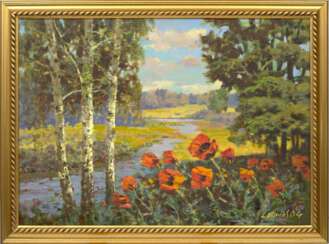 Paysage naturel avec rivi&egrave;re et coquelicots 