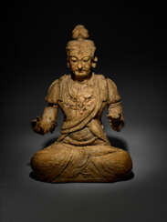 A MAGNIFICENT LARGE CARVED WOOD FIGURE OF SEATED GUANYIN