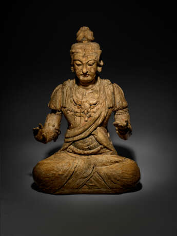 A MAGNIFICENT LARGE CARVED WOOD FIGURE OF SEATED GUANYIN - Foto 1