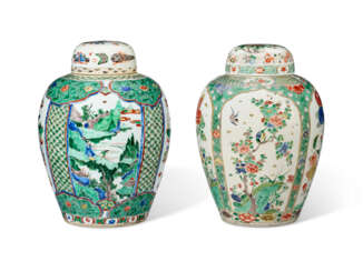 TWO FAMILLE VERTE OVOID JARS AND COVERS