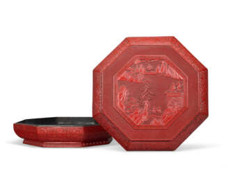A LARGE CARVED RED LACQUER OCTAGONAL BOX AND COVER