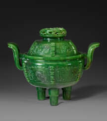 AN ARCHAISTIC SPINACH-GREEN JADE TRIPOD CENSER AND COVER