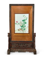 A FAMILLE ROSE &#39;QUAIL&#39; PLAQUE MOUNTED IN A HARDWOOD SCREEN