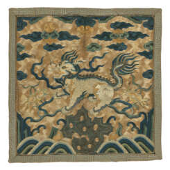 A RARE EMBROIDERED GOLD-GROUND RANK BADGE OF A QILIN FOR A FIRST-RANK MILITARY OFFICIAL, BUZI
