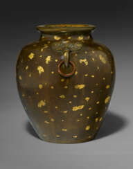 A GOLD-SPLASHED BRONZE OVOID JAR WITH LOOSE-RING HANDLES