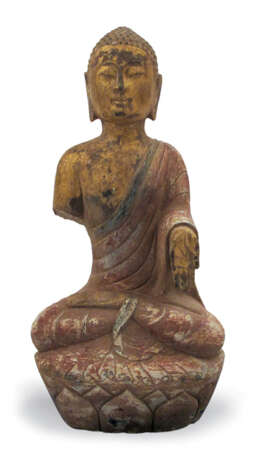 Figur des Buddha aus Stein mit Resten von Farbfassung - photo 1