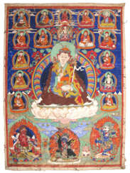 Drei Thangkas mit Darstellungen von Padmasambhava, einem Dakini und einer Gottheit