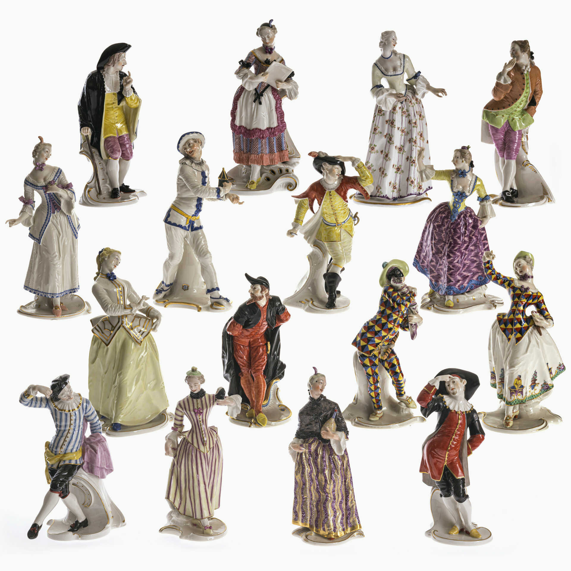 Komplette Serie von 16 Figuren der Commedia dell'Arte