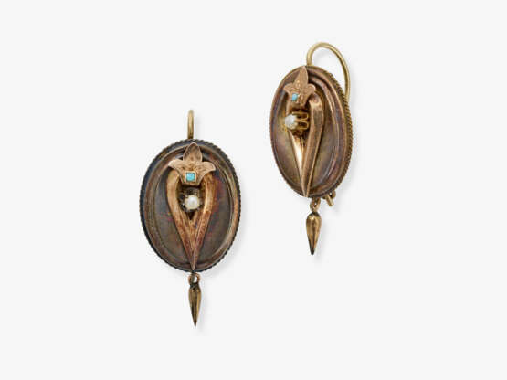 A parure consisting of a bangle, a pair of earrings, and a brooch/pendant with turquoises and seed pearls - фото 4