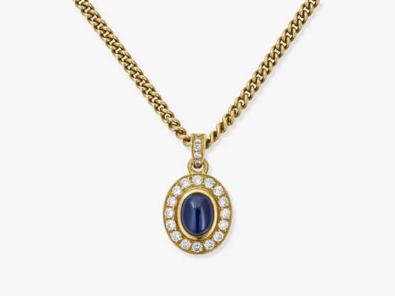 Delicate curb chain with pendant featuring sapphire and diamonds - photo 1