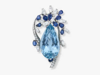 Brosche mit Aquamarin, Diamanten und Saphiren