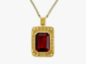 A necklace with a large citrine, brilliant-cut diamonds, and very fine gold granulation