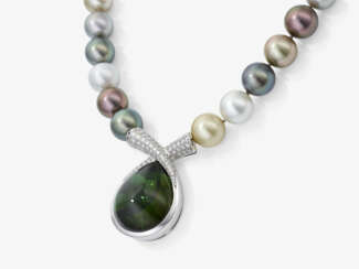 A Tahitian cultured pearl necklace with clasp with a large tourmaline and brilliant-cut diamonds