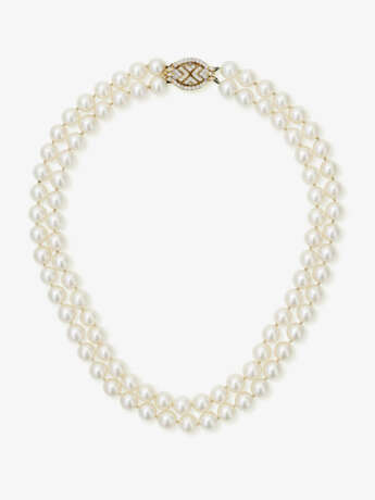 A two-strand Akoya cultured pearl necklace with diamond-studded clasp - photo 2