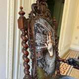 Unique and Large Carved Oak Armchair in Modern Fabric in the Style of Louis XIII Oak and fabric Louis XIII - Renaissance 19th century - Foto 9