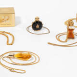 5 Anhänger mit Parfumflakons Lanvin "Arpege", Schiaparelli "Shoking you", Jacques Fath "Fath de Fath", Guy La Roche "Fidji" und Chopard - Foto 1