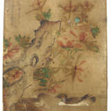 Malerei eines Entenpaares im Teich mit blühenden Päonien, Tusche und Farben auf Papier - Foto 1