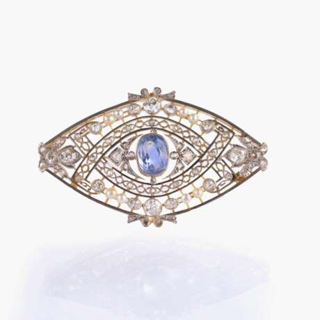 Filigrane Belle Époque Diamant Perl Brosche mit natürlichem Saphir. - photo 1