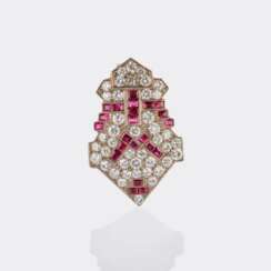 Art-deco Clip-Anhänger mit Diamanten und Rubinen.