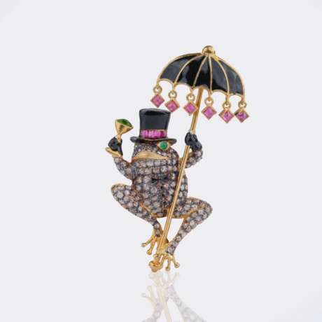 Diamant Rubin Brosche 'Frosch mit Regenschirm'. - Foto 1