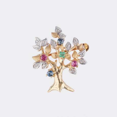 Miniatur-Baum Brosche mit Brillanten und Farbedelstein. - фото 1
