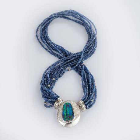Mehrreihiges Saphir Collier mit Brillant Boulderopal Steckschließe. - Foto 1
