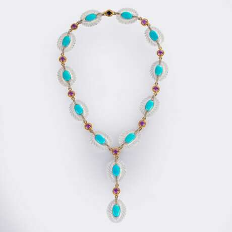 Langes Kristall Diamant Collier mit Türkisen und Amethysten. - photo 1