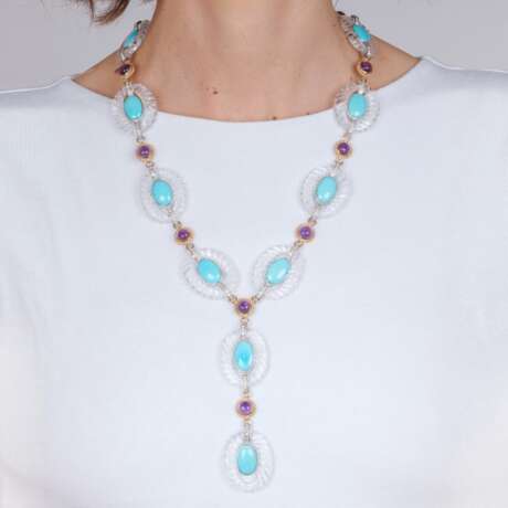 Langes Kristall Diamant Collier mit Türkisen und Amethysten. - photo 3