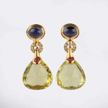Paar Lemon-Quarz Ohrclips mit Brillant- und Farbedelstein-Besatz. - photo 1