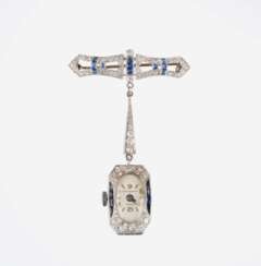 Juta. Art-déco Damen-Anhängeruhr an Brosche mit Diamanten und Saphiren.