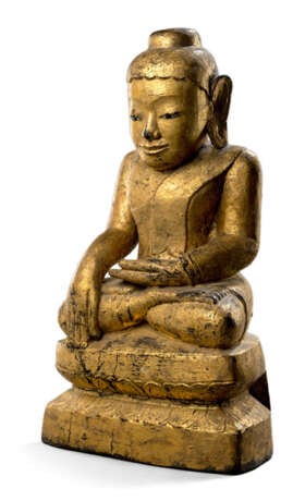 Skulptur des Buddha Shakyamuni aus Holz mit goldener und schwarzer Lackfassung - фото 1