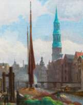 Julius von Ehren (Altona 1864 - Hamburg 1944). Nikolaifleet mit Reimersbrücke und St. Katharinenkirche.