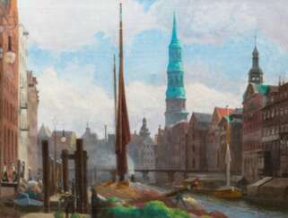 Julius von Ehren (Altona 1864 - Hamburg 1944). Nikolaifleet mit Reimersbrücke und St. Katharinenkirche.