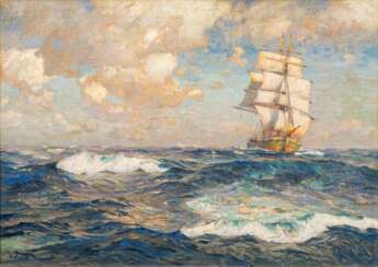 Carl Becker (Hameln 1862 - Hamburg 1926). Segler mit grünem Rumpf auf See.